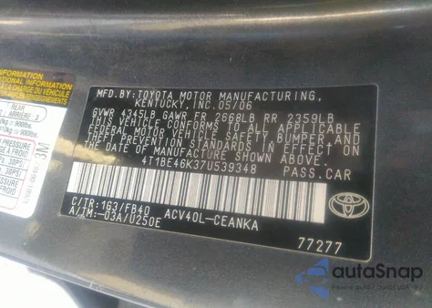 2007 Toyota Camry Le из США, поврежденный, VIN 4T1BE46K37U539348